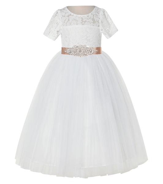 Floral Lace Flower Girl Dress with Sleeves Father Daughter Dance Recital Gown Birthday Party LG2R3