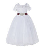 Floral Lace Flower Girl Dress with Sleeves Father Daughter Dance Recital Gown Birthday Party LG2R3