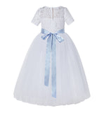 Floral Lace Flower Girl Dress with Sleeves Father Daughter Dance Recital Gown Birthday Party LG2R3