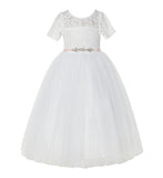 Floral Lace Flower Girl Dress with Sleeves Church Christening Gown Junior Pageant Gown LG2R4