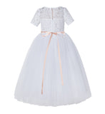 Floral Lace Flower Girl Dress with Sleeves Church Christening Gown Junior Pageant Gown LG2R4