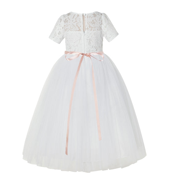 Floral Lace Flower Girl Dress with Sleeves Junior Pageant Gown Graduation Ceremonial Gown LG2R5thin