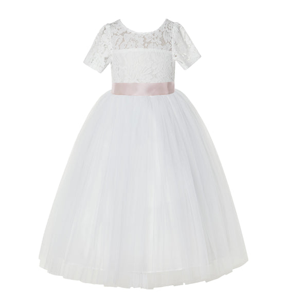 Floral Lace Flower Girl Dress with Sleeves Formal Junior Bridesmaid Gown for Toddler Girls LG2R