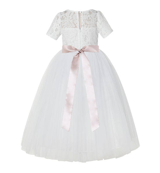 Floral Lace Flower Girl Dress with Sleeves Formal Junior Bridesmaid Gown for Toddler Girls LG2R