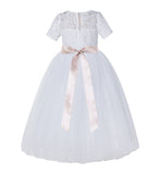 Floral Lace Flower Girl Dress with Sleeves Formal Junior Bridesmaid Gown for Toddler Girls LG2R