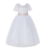 Floral Lace Flower Girl Dress with Sleeves Formal Junior Bridesmaid Gown for Toddler Girls LG2R