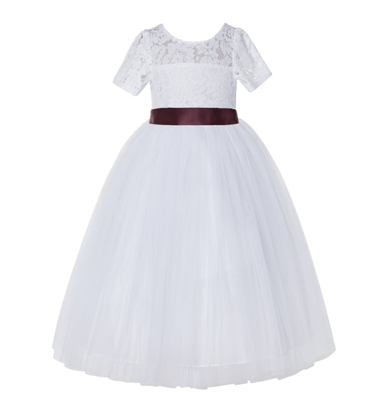 Floral Lace Flower Girl Dress with Sleeves Formal Junior Bridesmaid Gown for Toddler Girls LG2R