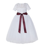 Floral Lace Flower Girl Dress with Sleeves Formal Junior Bridesmaid Gown for Toddler Girls LG2R