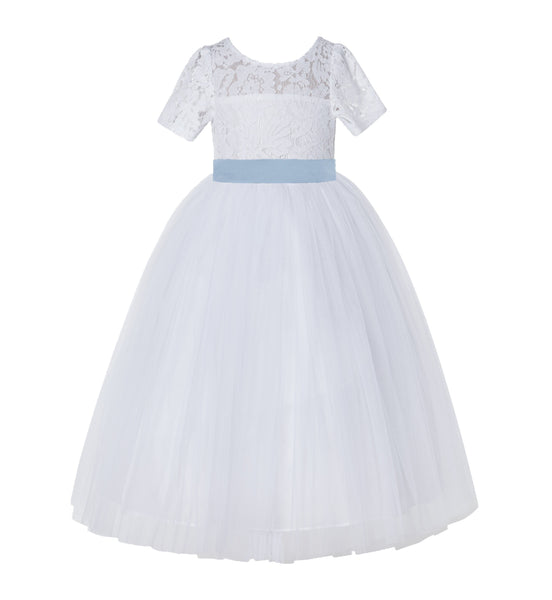 Floral Lace Flower Girl Dress with Sleeves Formal Junior Bridesmaid Gown for Toddler Girls LG2R