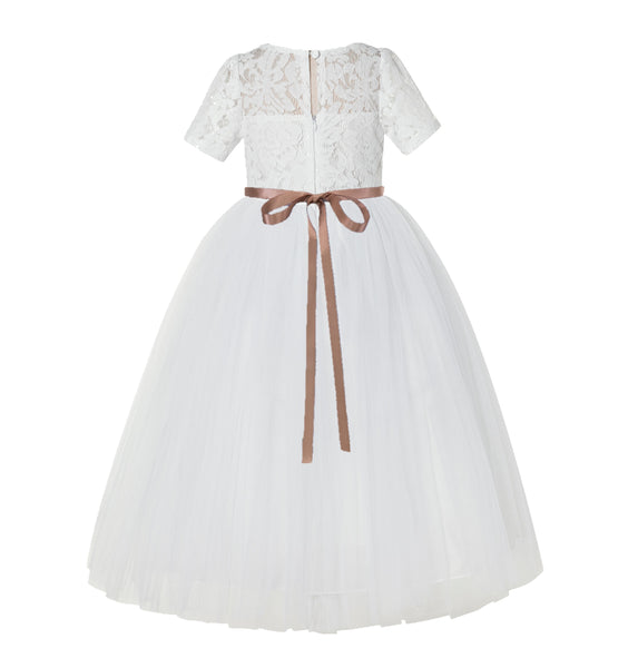 Floral Lace Flower Girl Dress with Sleeves Holy Communion Gown Formal Dance Recital Dresses LG2R1