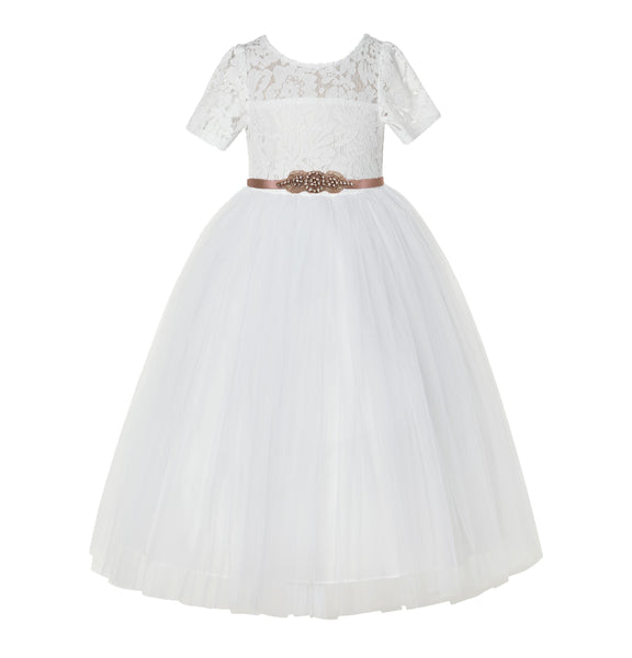 Floral Lace Flower Girl Dress with Sleeves Holy Communion Gown Formal Dance Recital Dresses LG2R1