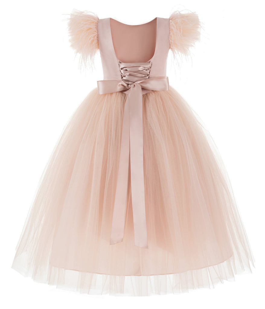 Vintage Corset Feather Formal Flower Girl Dress Special Occasions OS1 White / 8